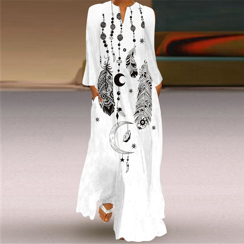 European and American Women's Clothing Printed Long Sleeve Dress Small V-neck Dress