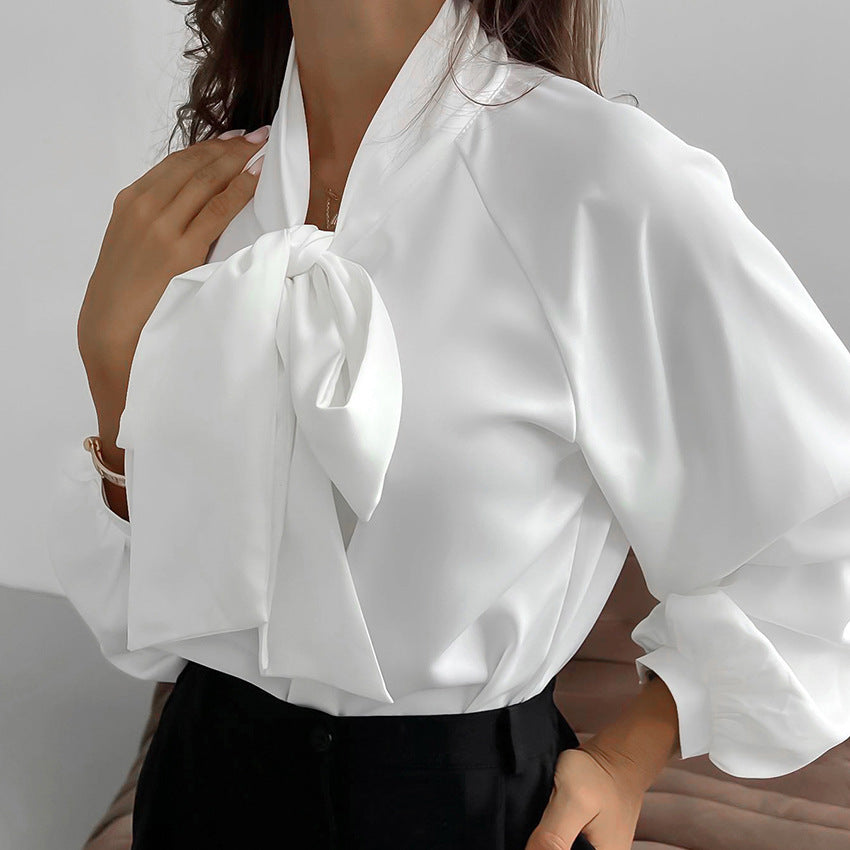 Design Sense French Style Bow Shirt Women's Loose Commuter Satin Base Shirt Young Business Clothing