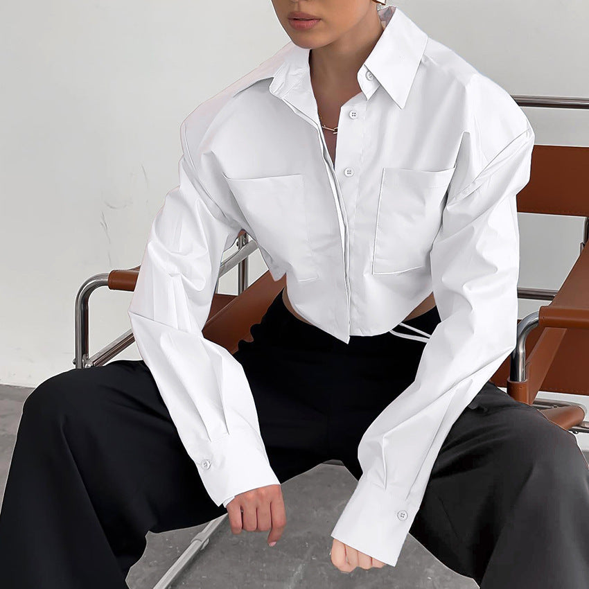 Short Shirt Commuter Padded Shoulder Top Long Sleeve White Shirt