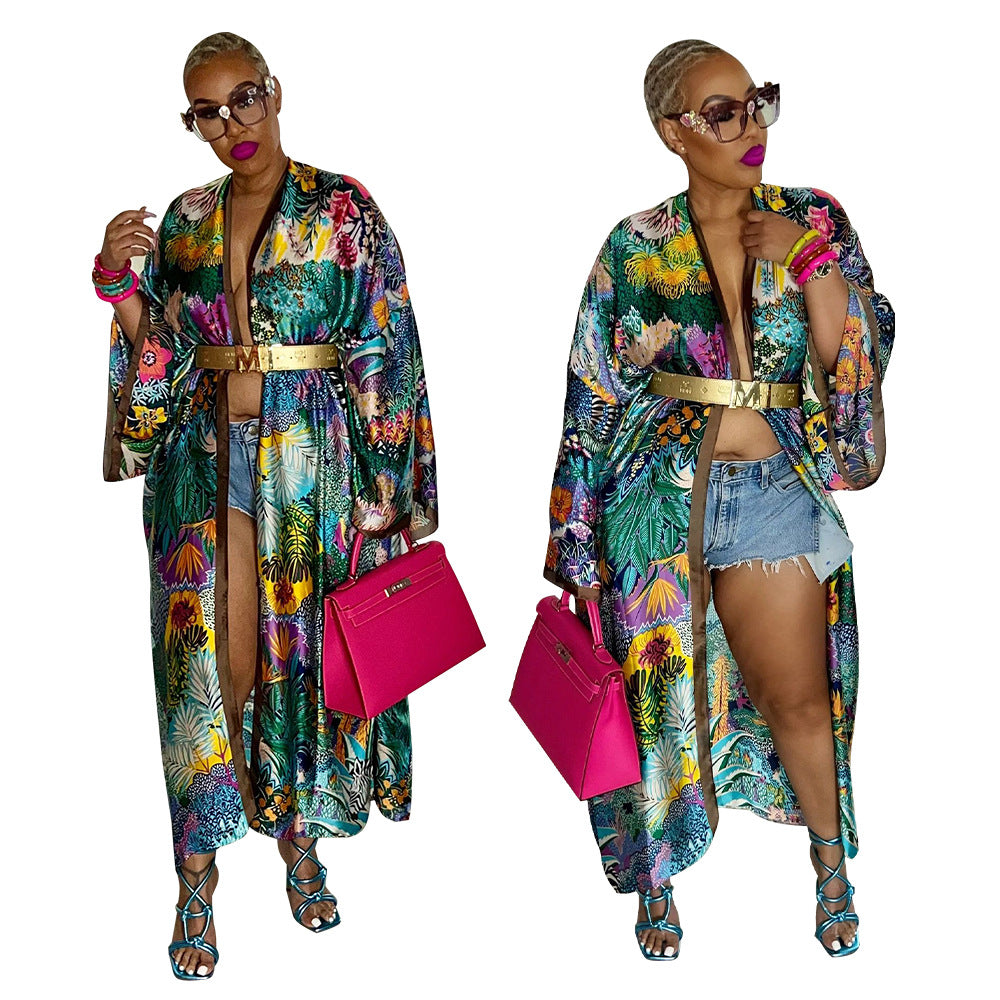 Coat Artificial Silk Multi-Print Fashion Casual Trench Coat