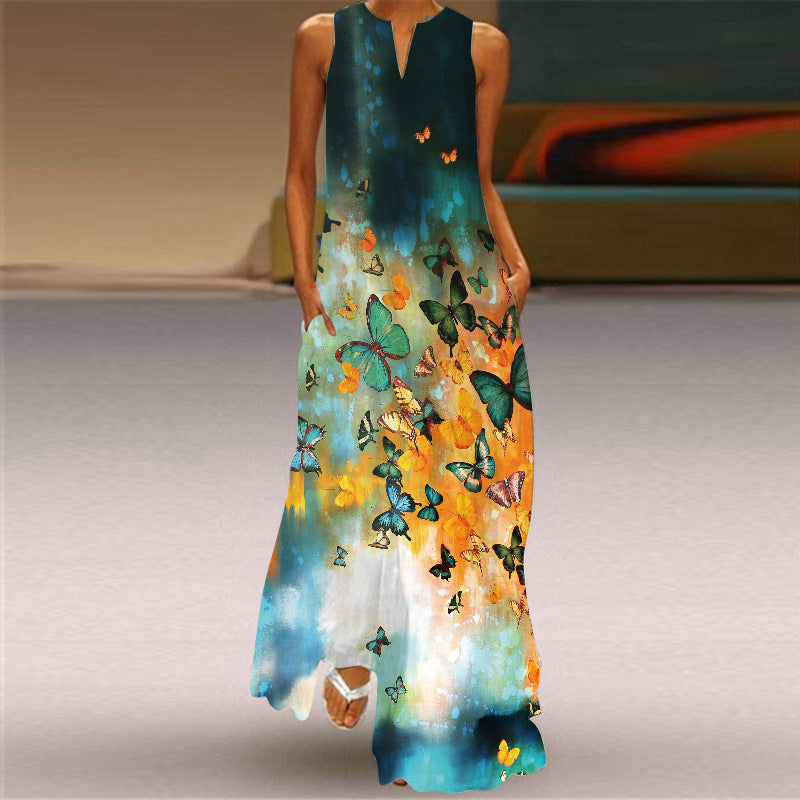 European and American Retro Printed Long Dress V-neck Multicolor Long Sexy Sleeveless Dress