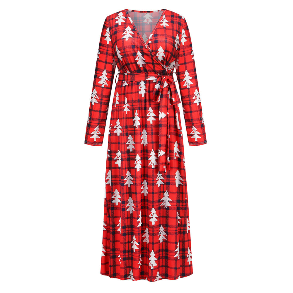 Christmas Printed Dress Fashionable V-neck Long Knitted Fitted Waist Dress