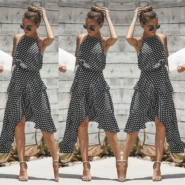 New Backless Halter Printed Waist-Controlled Lace-up Dress