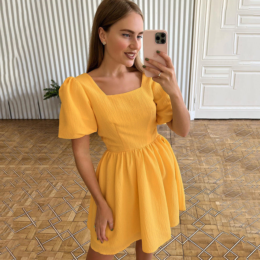 Design Short Sleeve Dress European and American Short Skirt Puff Sleeve Waist-Tight Temperament Commute A- line Dress Women's Clothing