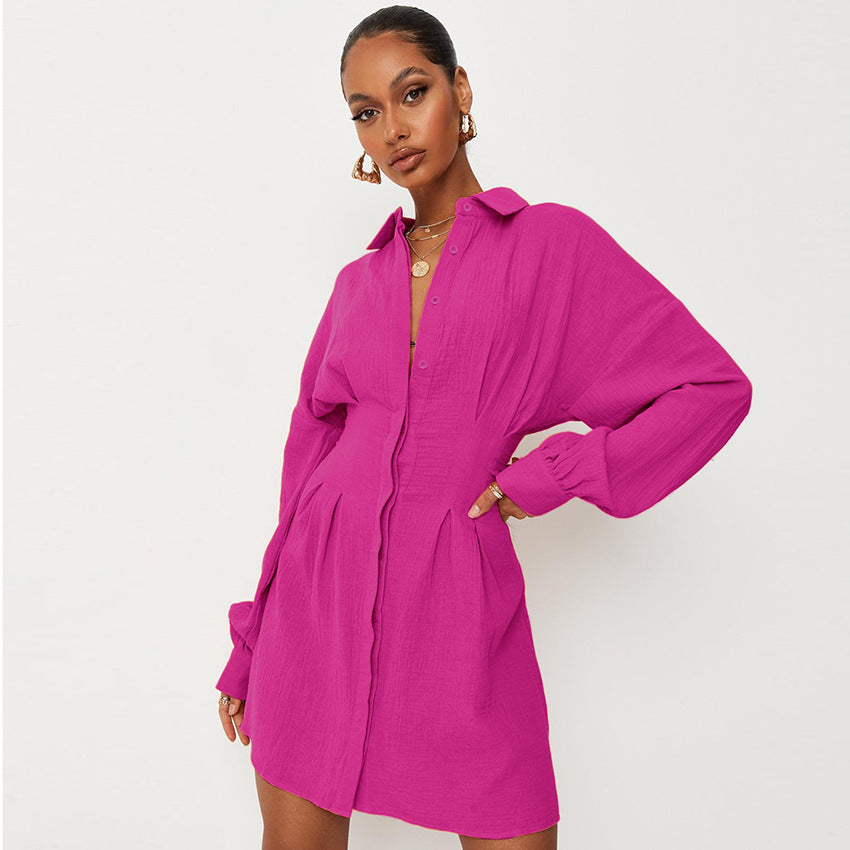 Commuter Shirt Dress Cotton and Linen Dress French Waist-Controlled Long Sleeves A- line Dress for Women