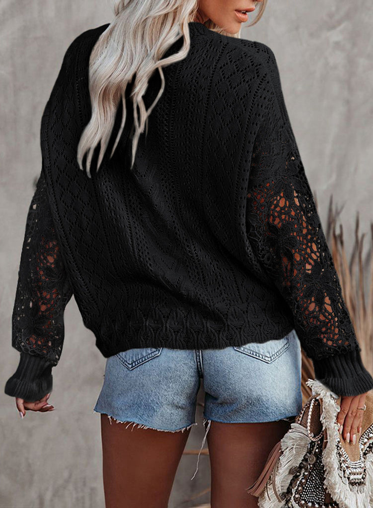 Casual Pure Color All-Matching Cardigan Sweater European and American Hollow Lace Long Sleeve V-neck Sweater Top Women