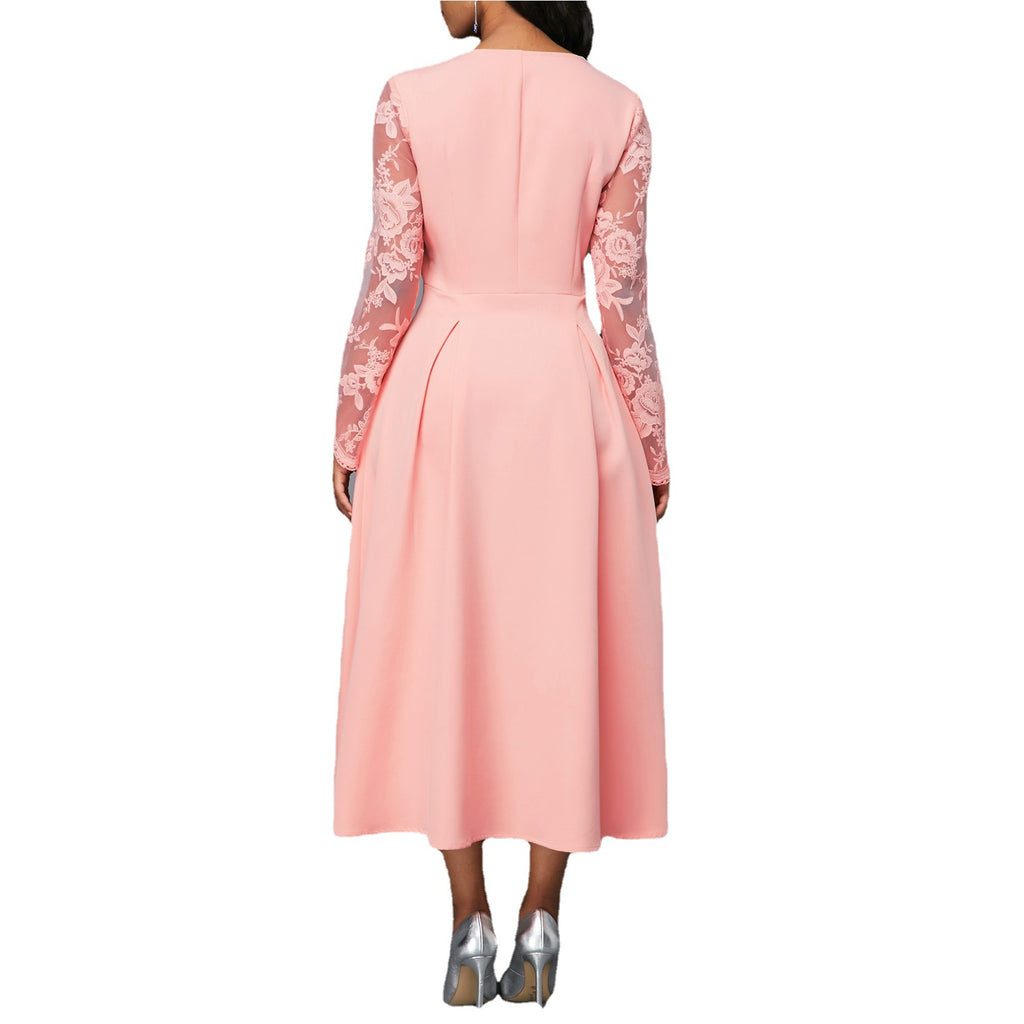 Women's round Neck Lace Dress High Waist Long Sleeves Printed Midi Dress