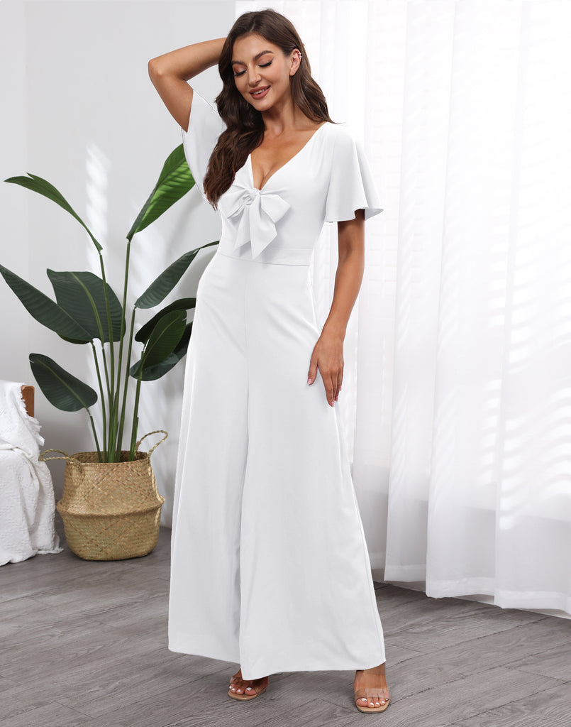 Bow V-neck Lotus Leaf Sleeves Loose Temperament Elegant Jumpsuit Chiffon Wide Leg Pants