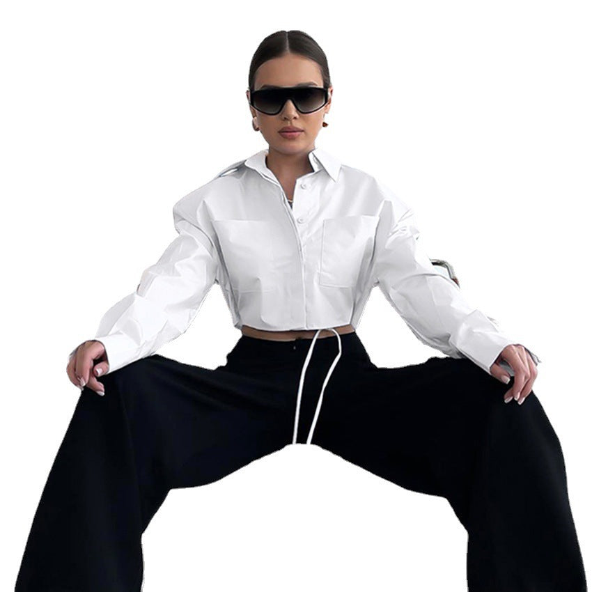 Short Shirt Commuter Padded Shoulder Top Long Sleeve White Shirt