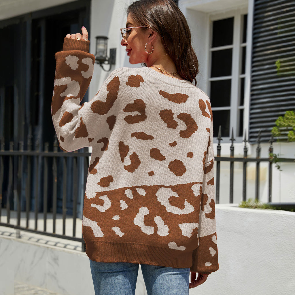 Bestseller round Neck Dual-Color Patchwork Leopard Print Knitwear Fashion Women's Sweater Women