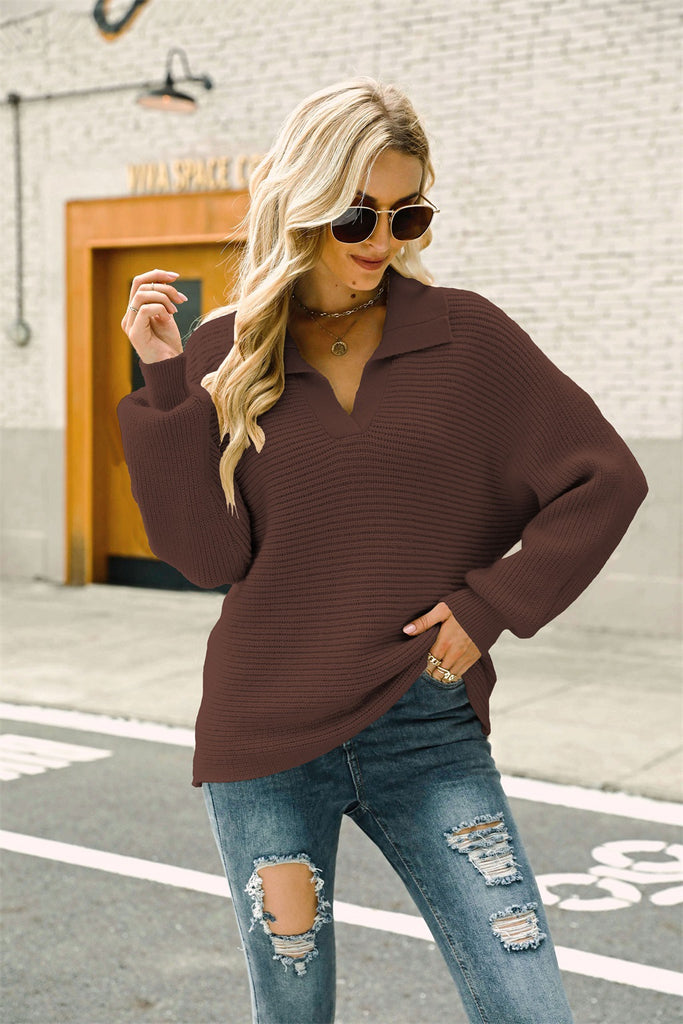 Bestseller Fashion Long Sleeve Solid Color Sweater Loose Pullover Lapel Sweater