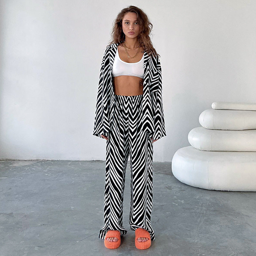 European and American Printed Zebra Print Suit Trousers Two-Piece Suit Fashion Trendy Shirt Street Casual