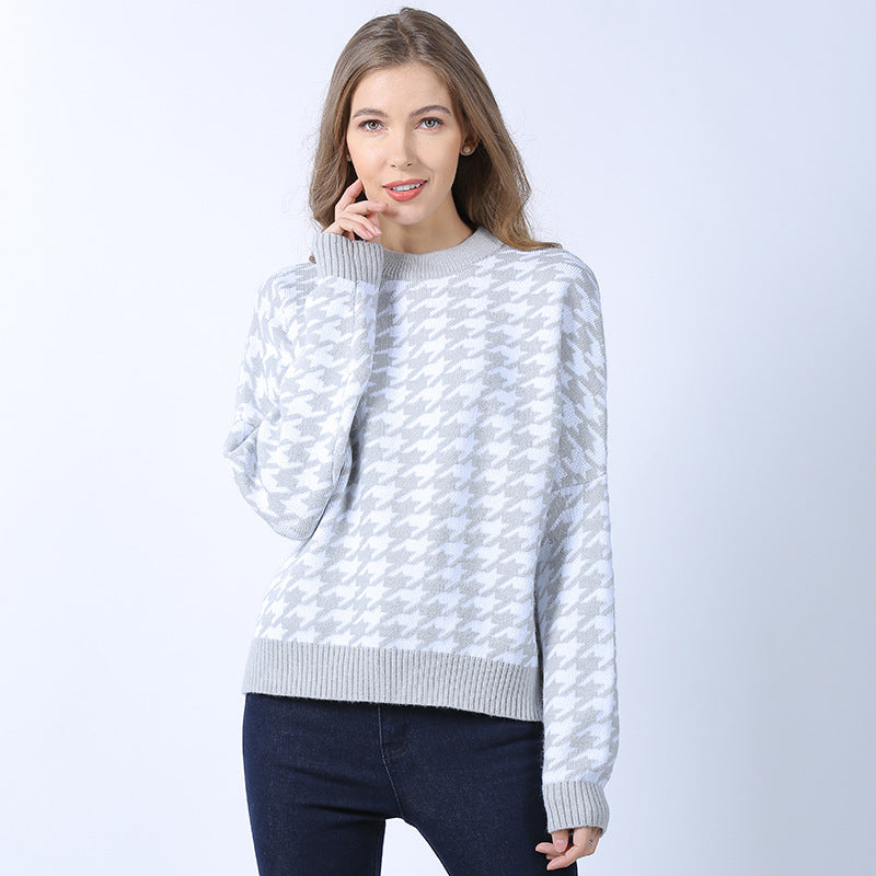 Autumn and Winter New Women's Houndstooth Knit Casual Pullover European and American Large Size Sweater