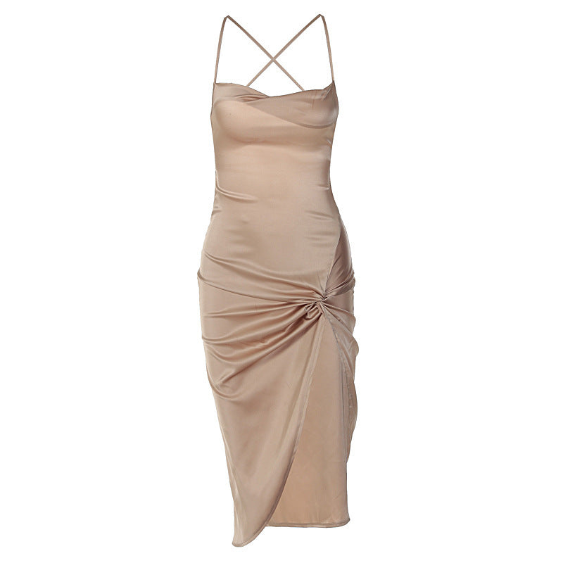 Retro Sexy Backless Lace up Slim Fit Slit Irregular Mid-Length Dress High Elastic Smooth Thin Dress