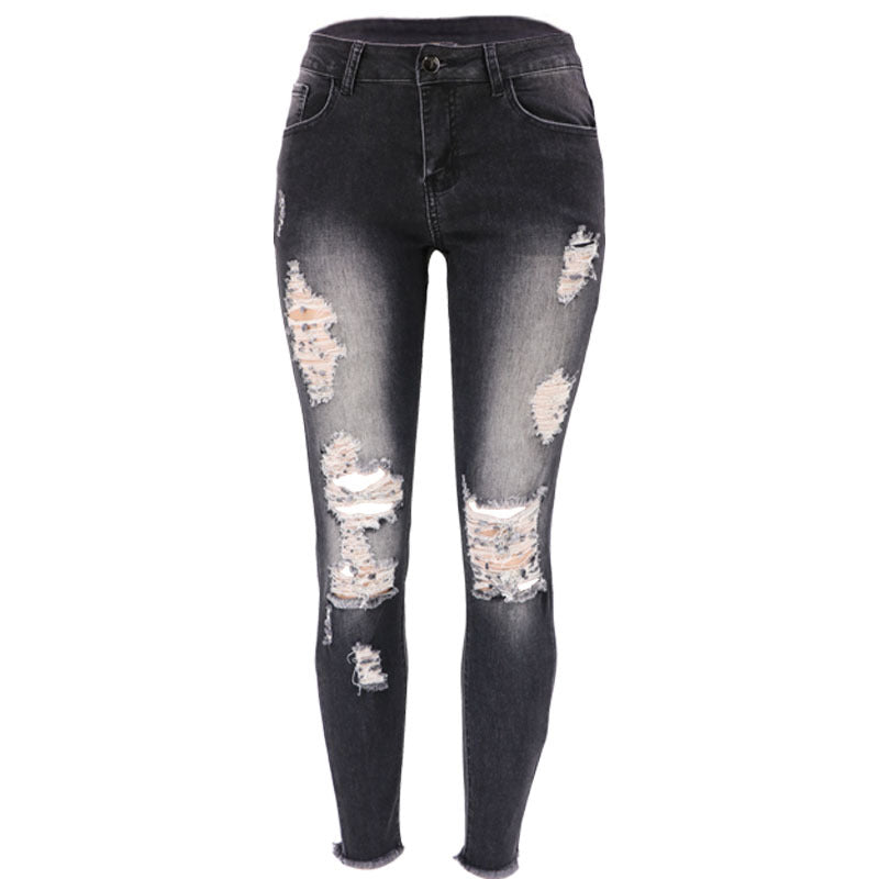 Bestseller High Elastic Cropped Ripped Women's Skinny Skinny Hip Raise Fashion Jeans