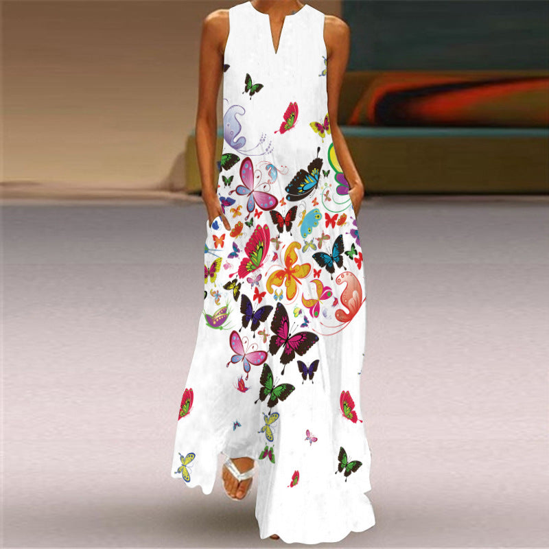 Women's Vintage Printed Long Dress V-neck Sleeveless Pocket Summer Sexy Dress