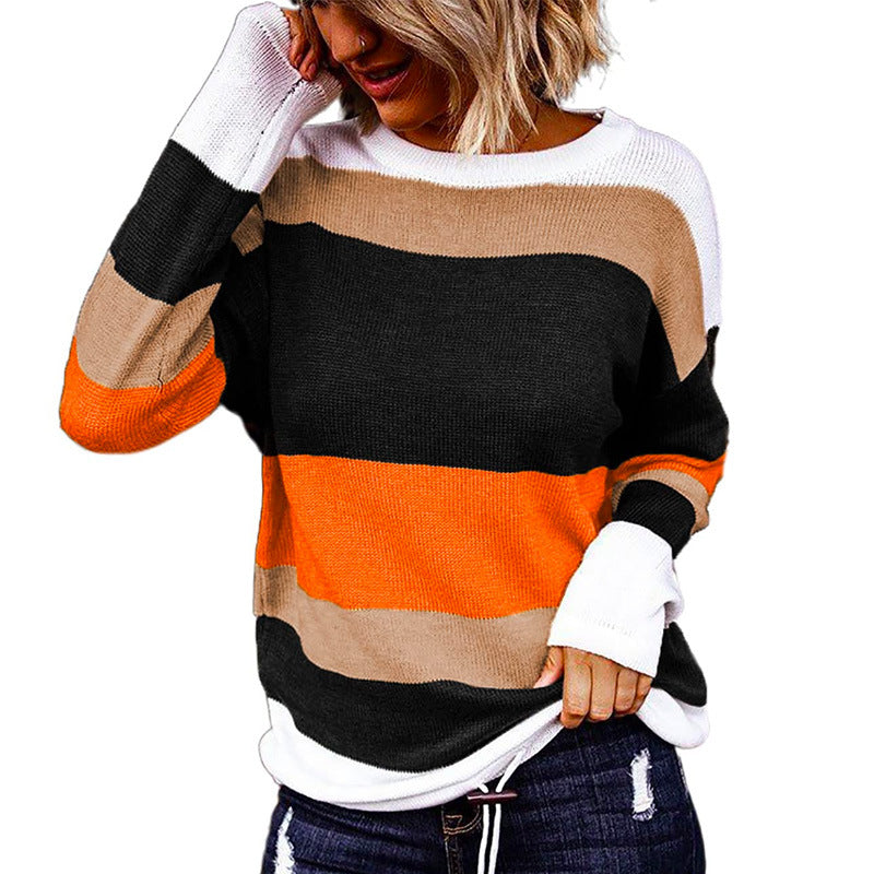 European and American Fashion Colorblock Women's Long-Sleeved round Neck Knitted Pullover