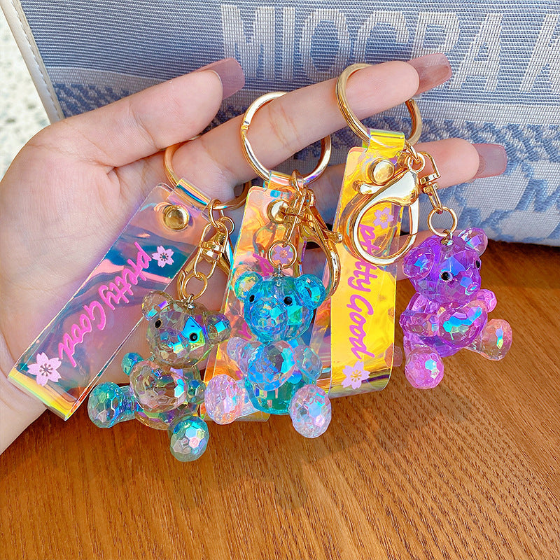 Creative Geometric Gradient Crystal Love Bear Keychain Cartoon Couple Little Bear Toy Bag Package Pendant Gift