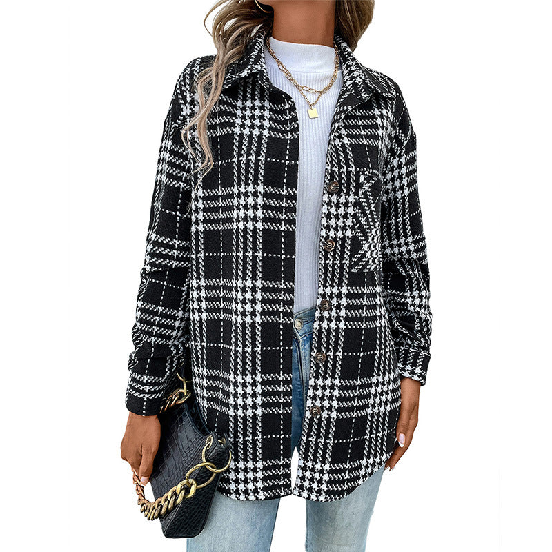 Casual All-Matching Fashion Plaid Woolen Jacket Long-Sleeved