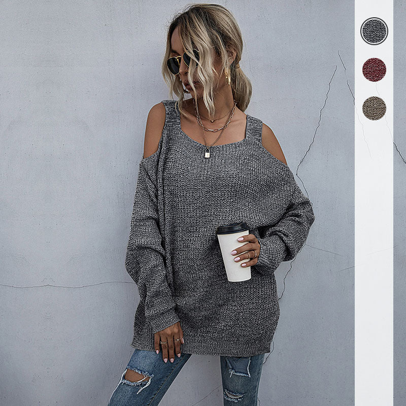 Autumn Solid Color Knitted Square Collar Shoulder-Baring Bottoming Sweater Women's Long-Sleeved Women's Clothing