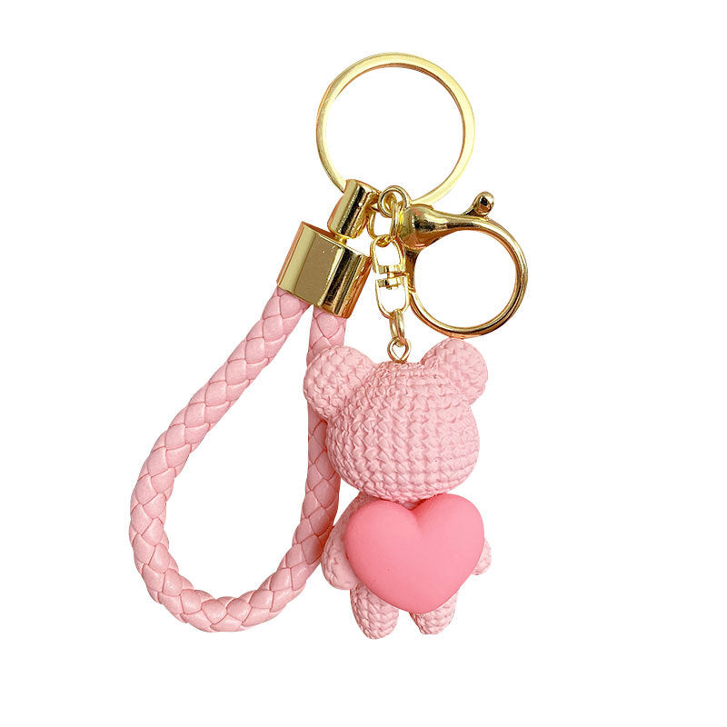 Cartoon Hug Peach Heart Woven Bear Keychain Female Cute Couple Pendant Creative Car Key Chain Ornaments