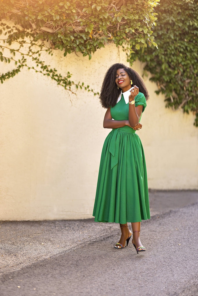 Blouse Collar Dress Temperament Commute Green High Waist Midi Skirt Belted Dress