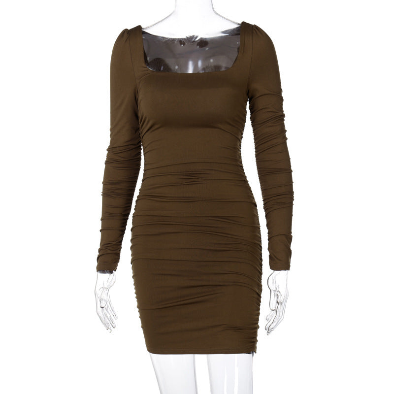 Elegant Intellectual Temperament Slim-Fit Pleated Dress Long Sleeve off Shoulder Close-Fitting Bottoming Short Skirt