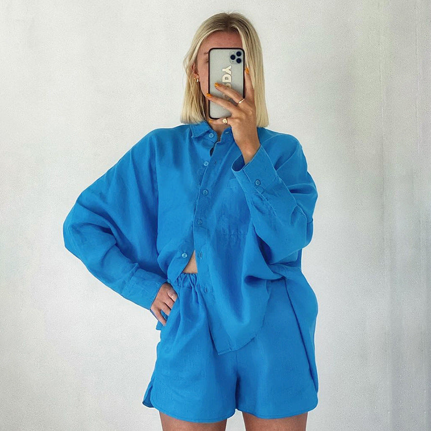 Blue Cotton Linen Shirt Long-Sleeve Suit Two-Piece Set 2022 Summer European and American Leisure Commute Minimalist Ins Style Women's Clothing