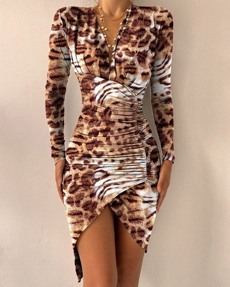Autumn and Winter Long Sleeve V-neck Printed Tight Split Dress Women's Clothing
