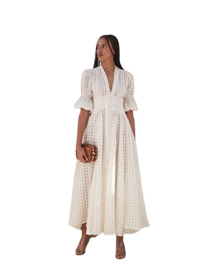 Dress Summer Elegant White Long Dress High Waist Tight Waist Plaid Dress