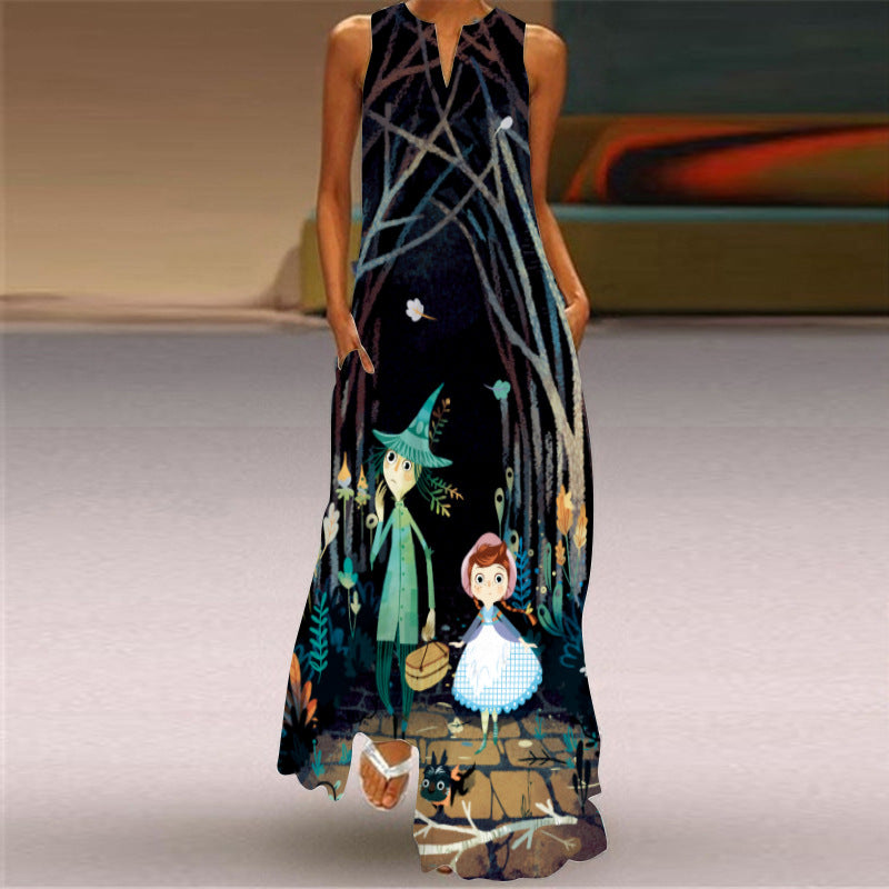 Fashion Sexy Digital Printed V-neck Sleeveless Maxi Dress Pocket European and American Style Dress