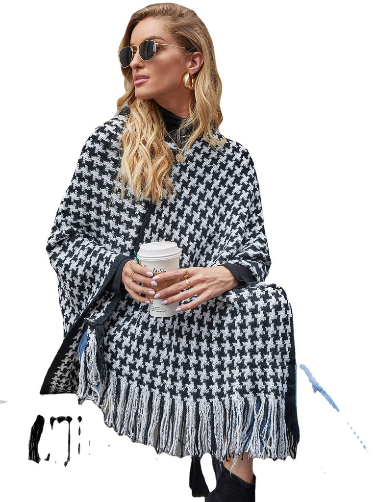 Autumn and Winter New Houndstooth Tassel Shawl Sweater Cloak Women