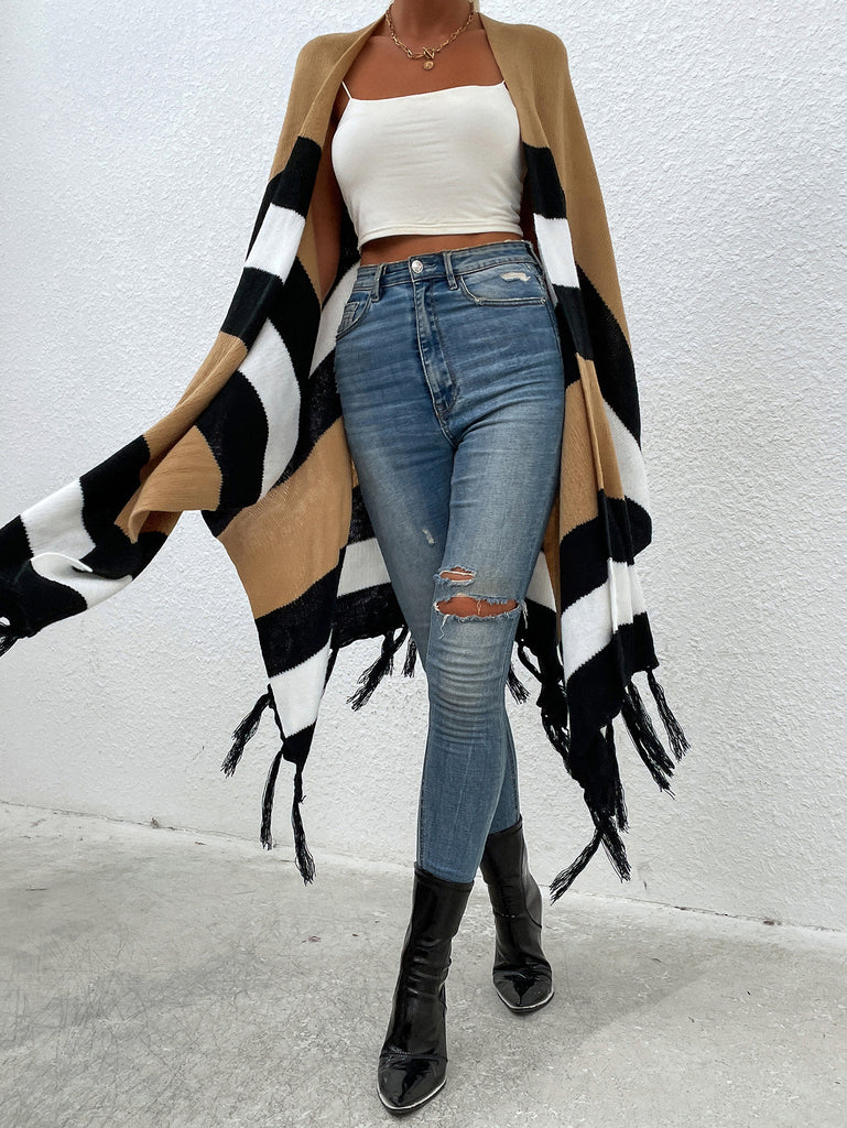 Autumn and Winter New Striped Contrast Color Tassel Shawl Sweater Cloak