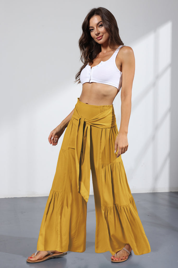 European and American Women's Clothing Fashion Temperament Bandage Elastic Waist Pleated Wide Leg Pants Casual Loose Trousers