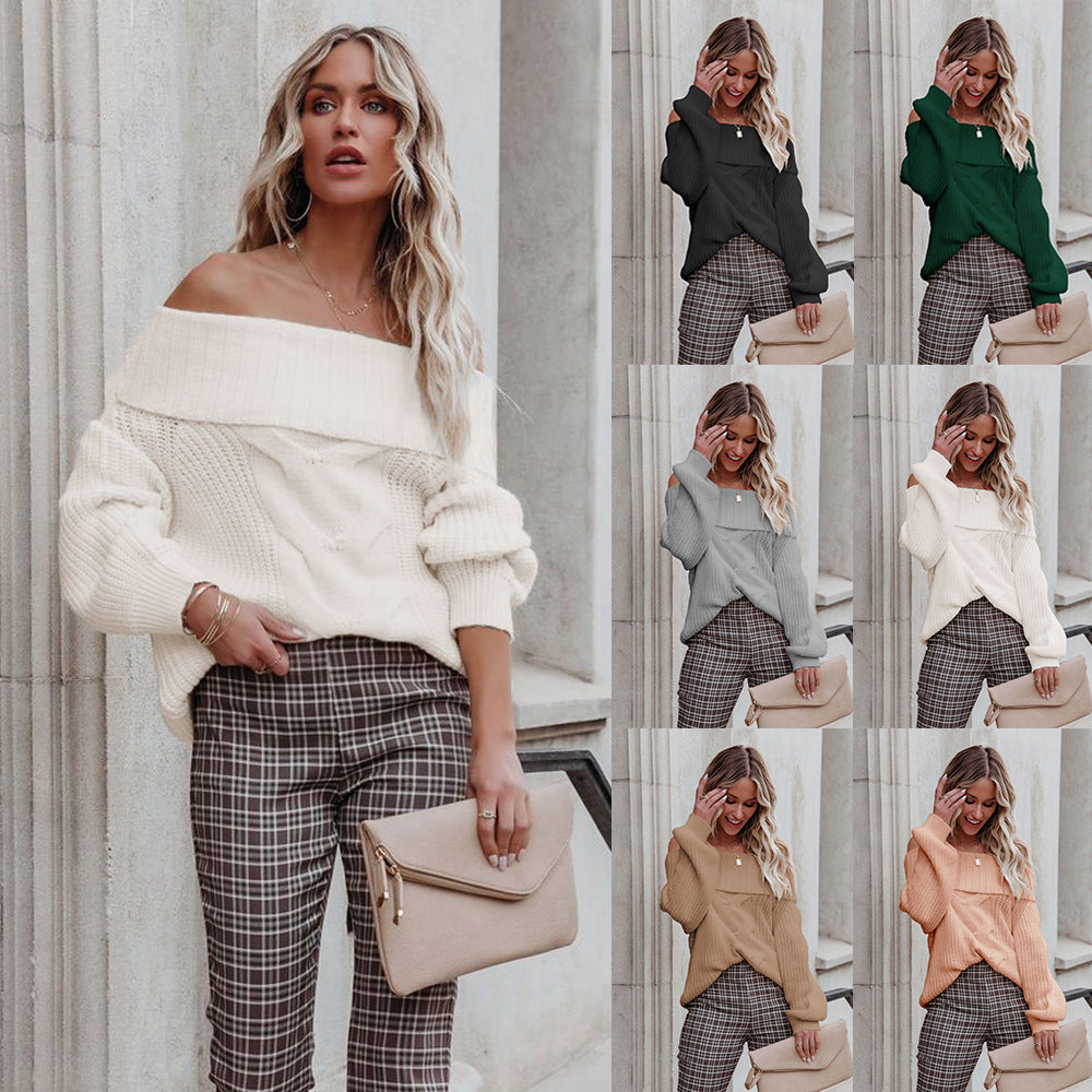 off-Shoulder Sexy Twisted Rope Knitwear Pullover European and American Foreign Trade Loose off-Shoulder Sweater for Women