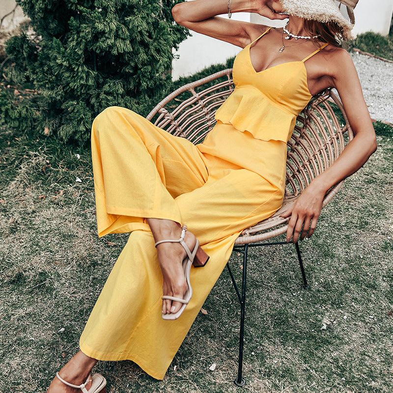 Yellow Vest Top Backless Sexy Sling Casual One-Piece Trousers Two-Piece Suit