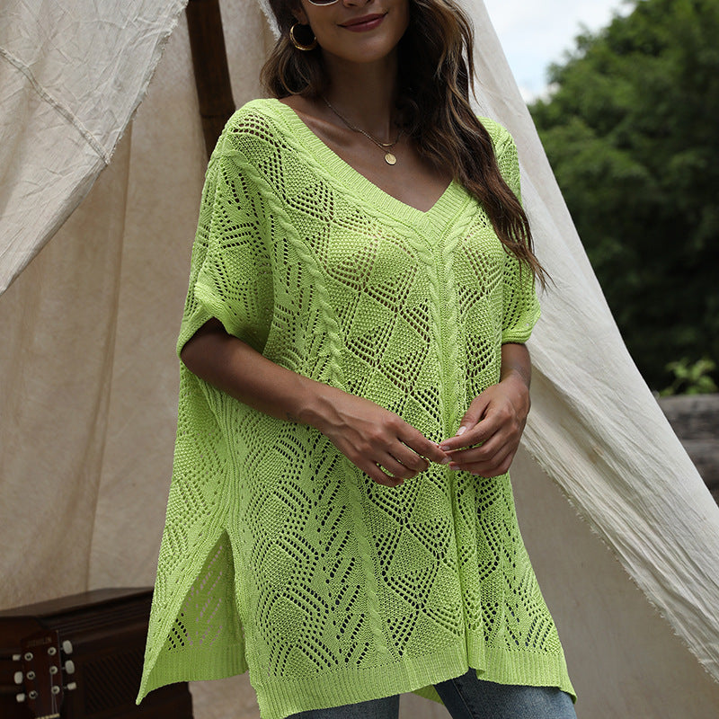 Batwing Sleeve Knitted Blouse Solid Color and V-neck Hollow Short Sleeve Knitted Shawl