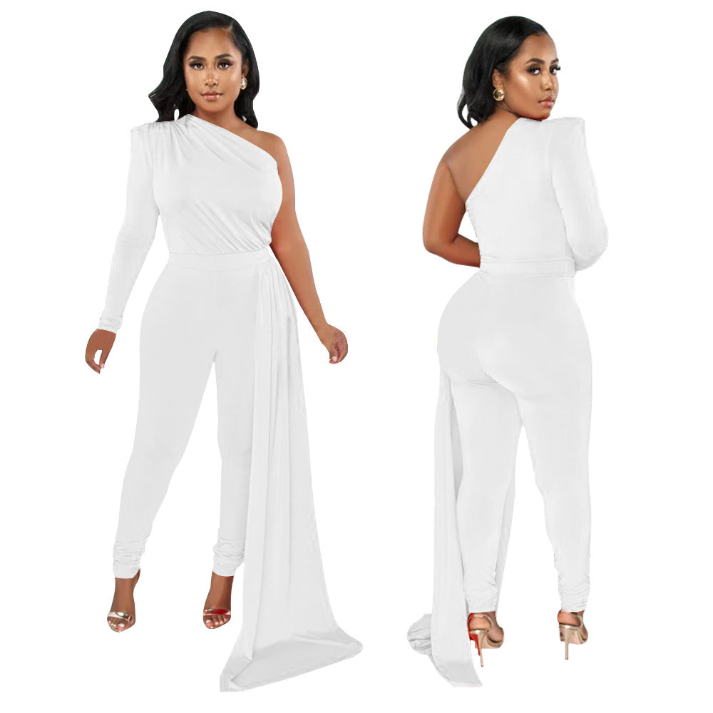 Women's Pleated Shoulder Pure Color Tight Jumpsuit