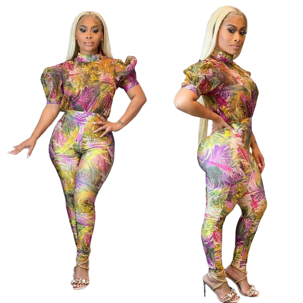 Tight Short Sleeve Printed Puff Sleeve Jumpsuit