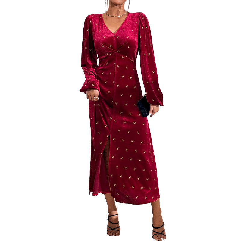 Women's V-neck Long Sleeve Long Waist Velvet Dress Red