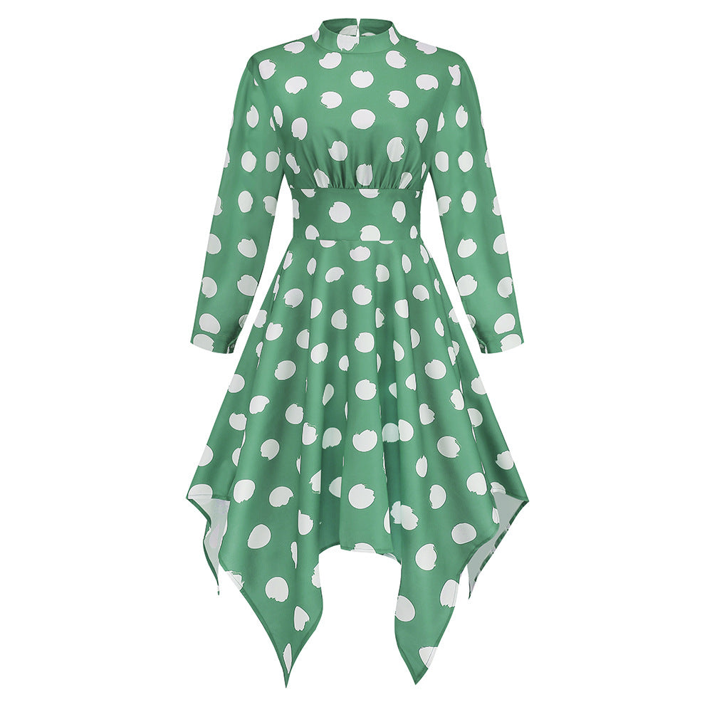 Irregular Long Sleeve Polka Dot Dress Women's New European and American Popular