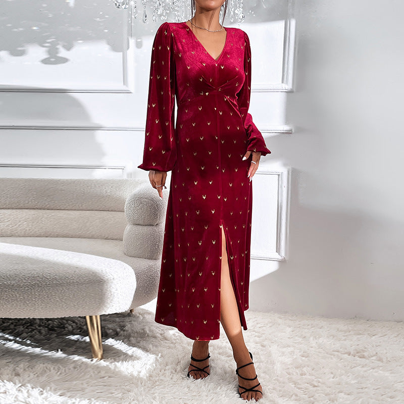 Women's V-neck Long Sleeve Long Waist Velvet Dress Red