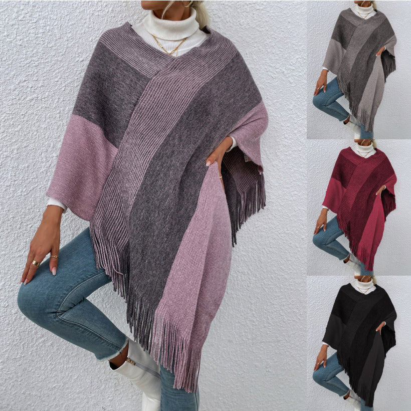 Autumn and Winter New Striped Contrast Color Tassel Shawl Sweater Cloak