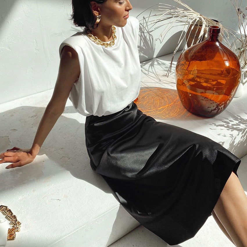 Long Skirt High Waist Satin Slim Fit Temperament Leisure Draping Sheath Satin Skirt for Women