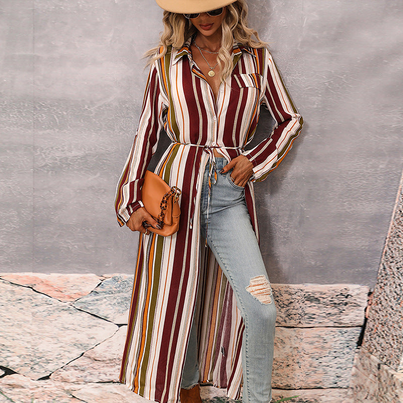 Women's Top Loose-Fitting Women's Polo Collar Stripes Cardigan Long Sleeve Shirt Coat