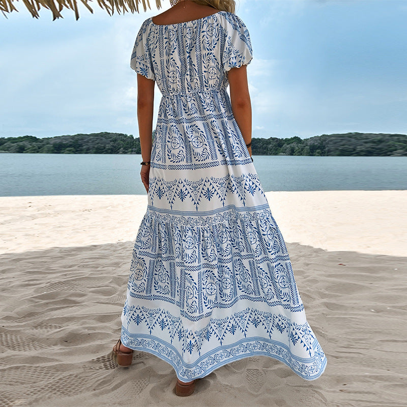 Blue Printed Long Short Sleeve Large Swing Waist off-Shoulder Women's Dress