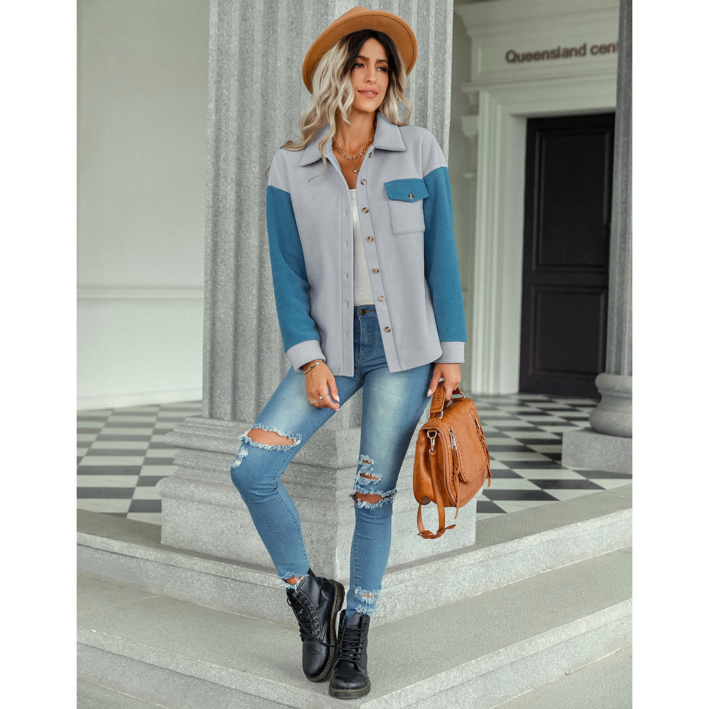 2022 Autumn and Winter New Woolen Coat Women's Foreign Trade Women's Clothing Fashion Colorblock Plush Top