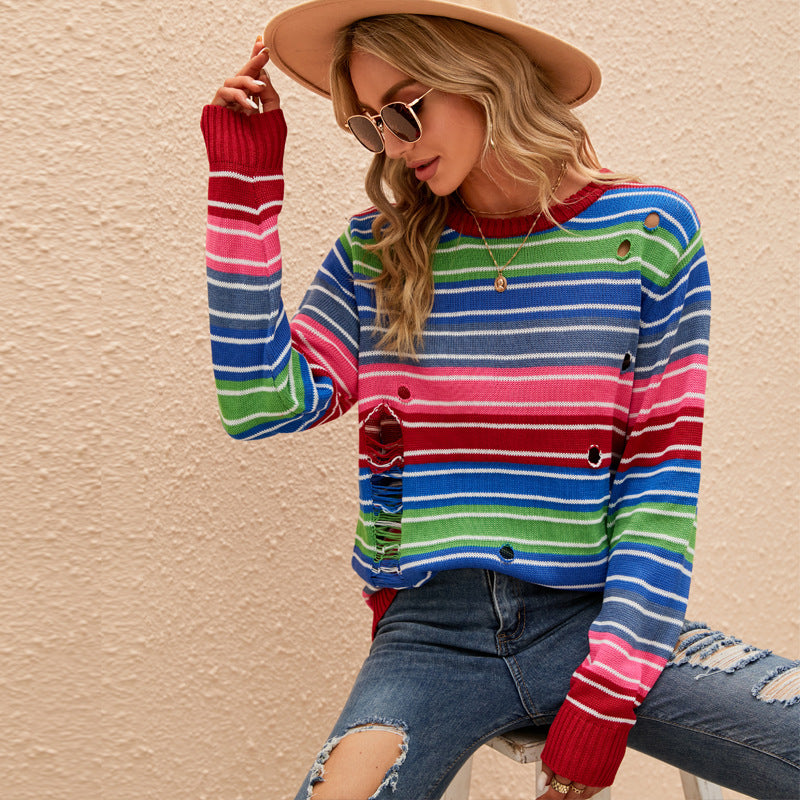 Color Sweater Long Sleeve round Neck Striped Sweater Loose Casual Contrast Color Ripped Sweater