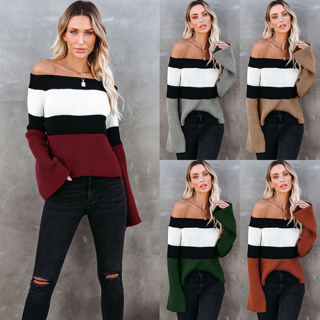 Women's Sexy off-Neck Slim-Fit Sweater Pullover off-Shoulder Sweater