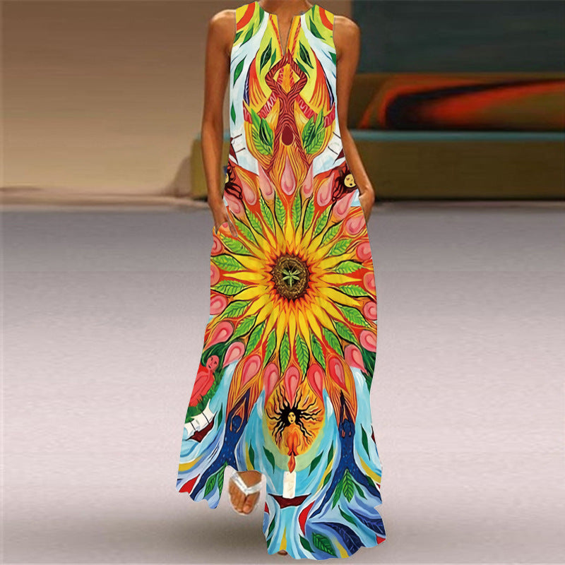 European and American Retro Printed Long Dress V-neck Multicolor Long Sexy Sleeveless Dress